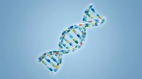 Colorful DNA double helix structure with geometric pattern elements on light blue gradient background for scientific and medical presentations.
