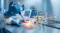 Scientist in blue gloves conducting laboratory research with digital network connections and data visualization technology in modern lab setting.