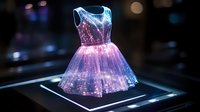 Glowing party dress with fiber optic illumination on tulle skirt creates magical effect against dark background, pink and blue neon lights shine through delicate fabric.