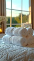 Fresh white rolled towels stacked on hotel bed with morning sunlight streaming through window, creating warm ambiance for hospitality and spa settings.