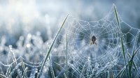 Spider web with morning dew drops on grass blades in soft natural light. Intricate cobweb pattern with water droplets creating bokeh effect in meadow field.