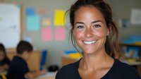 Young female professional with bright smile wearing black top in office environment with colorful sticky notes and workspace background, natural lighting creates warm atmosphere.