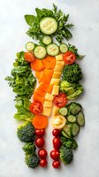 Fresh vegetables and cheese arranged in creative Christmas tree shape on white background. Healthy holiday food styling for seasonal menu design.
