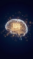 Glowing human brain with golden light and sparkling particles on dark blue background representing intelligence, creativity and neural activity.