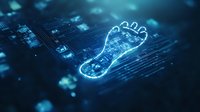 Digital footprint concept with glowing blue foot shape on circuit board background, representing digital identity and online presence tracking technology.