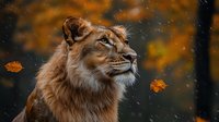 Majestic lioness with flowing mane gazes upward against blurred autumn background with falling orange leaves and gentle snowflakes creating magical atmosphere.