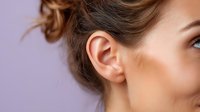 Close-up of woman's ear and side profile against purple background, showcasing natural skin texture and ear anatomy for healthcare or beauty content.