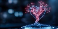 Glowing pink tree growing in heart shape with blue illuminated base against dark background, magical nature concept for Valentine's day and romance designs.