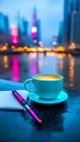 Turquoise coffee cup with notebook against blurred city skyline at dusk, colorful lights reflecting on water surface.