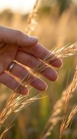 Hand gently touching golden wheat ears in warm sunlight during harvest season, symbolizing agriculture, farming, and natural grain production.