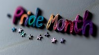 Colorful metallic text Pride Month with scattered silver stars on dark background, celebrating LGBTQ+ community and equality. Modern typography design for social media.