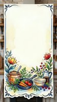 Watercolor kitchen recipe card template with floral border, cookware, vegetables and berries, featuring blank copy space for text.