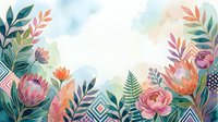 Watercolor floral frame with protea flowers, tropical leaves, and pastel tones on a light background with copy space for text.