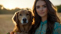 Young Caucasian woman with long dark hair wearing turquoise lace dress embracing golden retriever dog outdoors during sunset, warm backlit portrait with natural bokeh background.