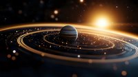 Majestic gas giant planet with glowing rings orbits distant star in deep space, cosmic scene with bright sunlight and stellar particles in dark universe.