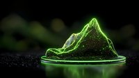 Glowing green mountain peak emerging from dark surface with luminous particles and neon light effect against black background. Artistic visualization for digital art.