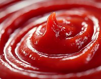 Swirling red ketchup sauce in macro close up view showing smooth texture and circular pattern, fresh condiment background for food photography and menu design.