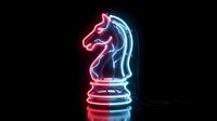 Neon chess knight piece glowing with red and blue light against black background for strategic business concepts and gaming designs.