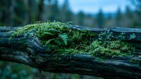 Moss covered fallen log in forest with green vegetation growth creating natural woodland texture and organic decay pattern in outdoor environment.