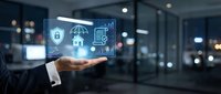 Businessman hand holding digital hologram with security icons, data protection, and analytics symbols in modern office environment.