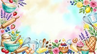 Colorful culinary flat lay with fresh fruits, flowers, baking tools, and mixing bowls arranged on watercolor background. Perfect for food blogs, recipes, cooking websites.
