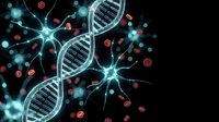 DNA double helix structure with glowing neurons and molecular particles on dark background for medical research and biotechnology applications.