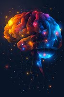 Colorful cosmic brain with rainbow gradient from yellow to blue, glowing with stars and neural connections on dark background.