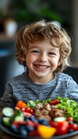 Young Caucasian child with curly blonde hair smiling brightly while sitting at table with colorful fresh vegetables and fruits on plate, wearing grey shirt, healthy eating concept.