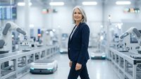 Middle-aged woman with blonde hair wearing dark navy blazer standing in modern automated manufacturing facility with robotic arms and conveyor systems, representing industrial innovation and leadership.