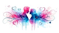 Watercolor hearts with decorative swirls and paint drips in pink and blue tones on white background. Romantic love design for Valentine's Day cards.