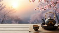 Traditional tea ceremony setup with ornate teapot and cup on wooden table against soft cherry blossom background for mindful relaxation and wellness concepts.
