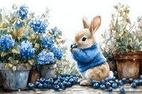 Adorable bunny in blue knit sweater sitting among scattered blueberries and potted blue hydrangea flowers in garden setting, watercolor style illustration.