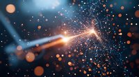 Glowing network connections with bright light burst and orange particles on dark background. Abstract digital technology concept with bokeh effect.