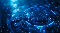 Futuristic circular technology interface glowing in deep blue with digital elements and particle effects creating dynamic cyber security visualization background.