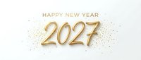 Golden 2027 numerals with Happy New Year text and scattered gold confetti on white background, suitable for holiday greeting cards and festive celebrations.