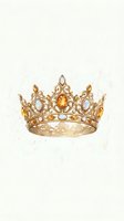 Golden royal crown with ornate filigree design and amber gemstones on light background for luxury branding and fairy tale concepts.