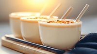 Creamy coffee latte drinks in white ceramic cups with straws, sprinkled with cinnamon powder, soft morning light, cozy cafe atmosphere.