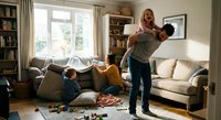 Caucasian father carrying blonde daughter on back in cozy living room while young son plays with toys on sofa during family bonding time at home.