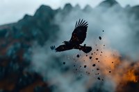 Black raven flying through dramatic smoke and fire with spreading wings against moody mountain backdrop, particles dispersing in orange glow at sunset.