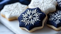 Festive snowflake cookies with elegant white icing on dark blue and cream backgrounds, perfect for winter holiday celebrations.