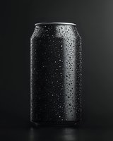 Black aluminum can with water droplets condensation on dark background, dramatic studio lighting creates moody beverage product photography effect.