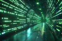 Abstract digital tunnel with glowing green binary code and data streams on walls, reflective floor creating futuristic cyber corridor perspective.
