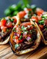 Fresh street tacos topped with pico de gallo salsa, chopped cilantro and grilled meat on corn tortillas, served on wooden cutting board, macro food photography.