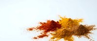 Colorful spice powder piles with paprika, turmeric and cumin scattered on white background for culinary cooking and seasoning applications.