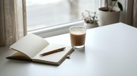 Open notebook with blank pages and pencil next to iced coffee drink on white desk by window with natural light, suitable for writing, planning, and creative work projects.