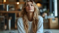 Young blonde woman in white sweater sitting thoughtfully in modern cafe with warm lighting and blurred background for lifestyle and portrait concepts.