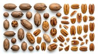 Pecan nuts collection isolated on white background, whole and halved kernels in various sizes for food, nutrition, culinary, and recipe design projects.