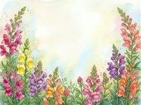 Watercolor snapdragon flowers in pink, purple, yellow and orange frame a bright open sky background with copy space.
