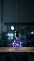 Hanging light bulb with glowing purple plasma filament creating electric arcs inside glass, suspended on black cord above wooden surface with blurred city lights background for energy and innovation concepts.