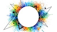 Abstract colorful watercolor splash frame with geometric triangular elements and white circle center for text or logo design on isolated background.